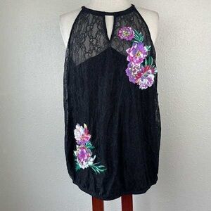 Black Lace Halter Tank with Purple Floral Appliqué